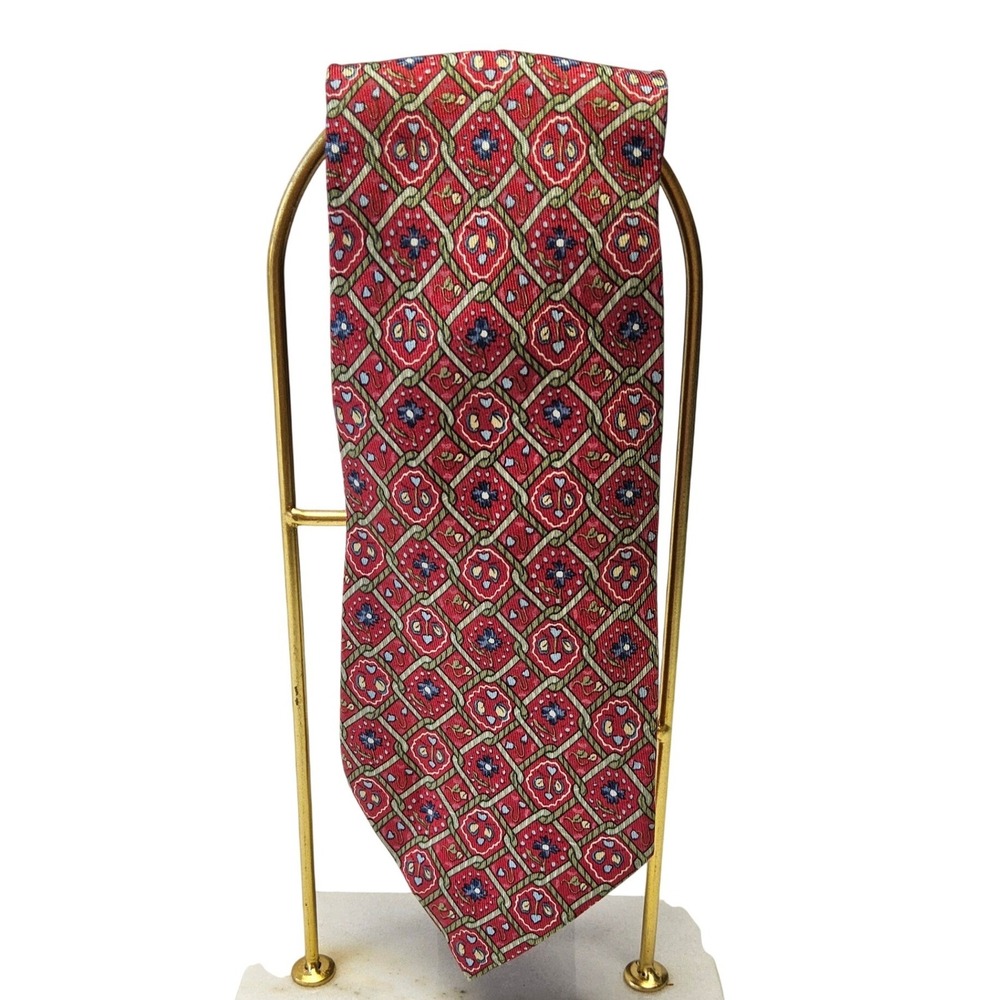 Hermes Silk Tie Mens One Size Red Geometric Lattice 7583 SA Made in France